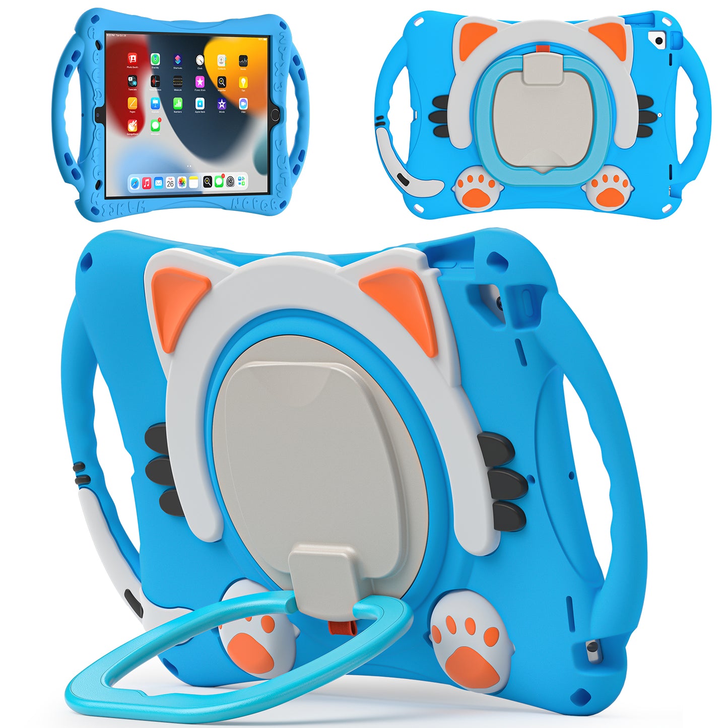 Stereoscopic Cat iPad 9 Silicone Case Kids Safe Rotating Folding Handle Grip