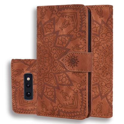 Double Hem Galaxy S10e Leather Case Embossing Sunflower Wallet Foldable Stand