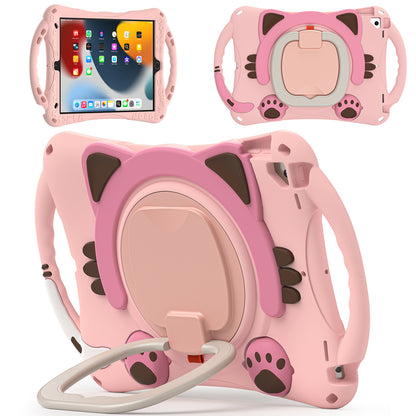 Stereoscopic Cat iPad 9 Silicone Case Kids Safe Rotating Folding Handle Grip