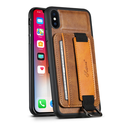 Horizontal Card Holder iPhone XR Leather Cover RFID Anti-lost with Wristband