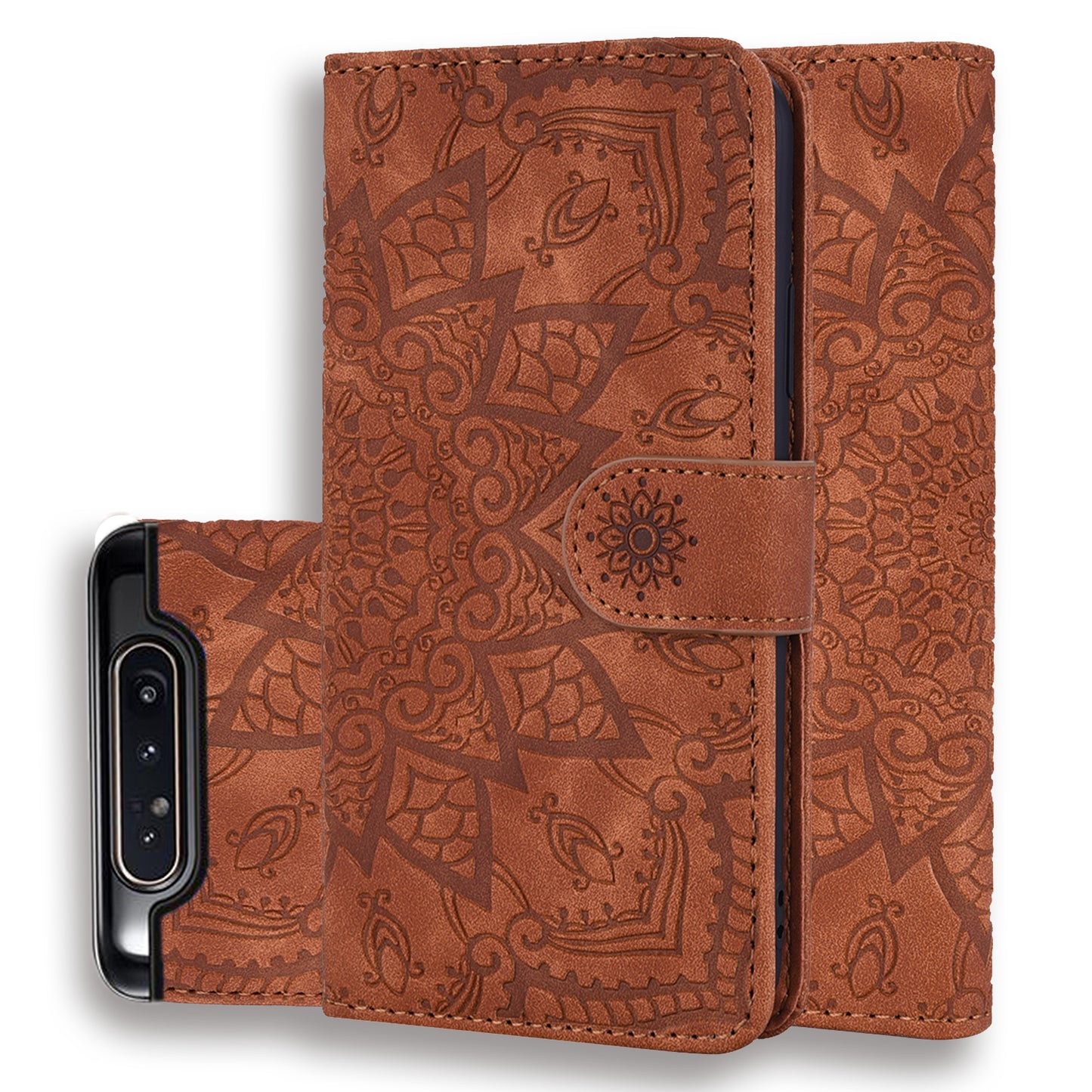 Double Hem Galaxy A90 Leather Case Embossing Sunflower Wallet Foldable Stand