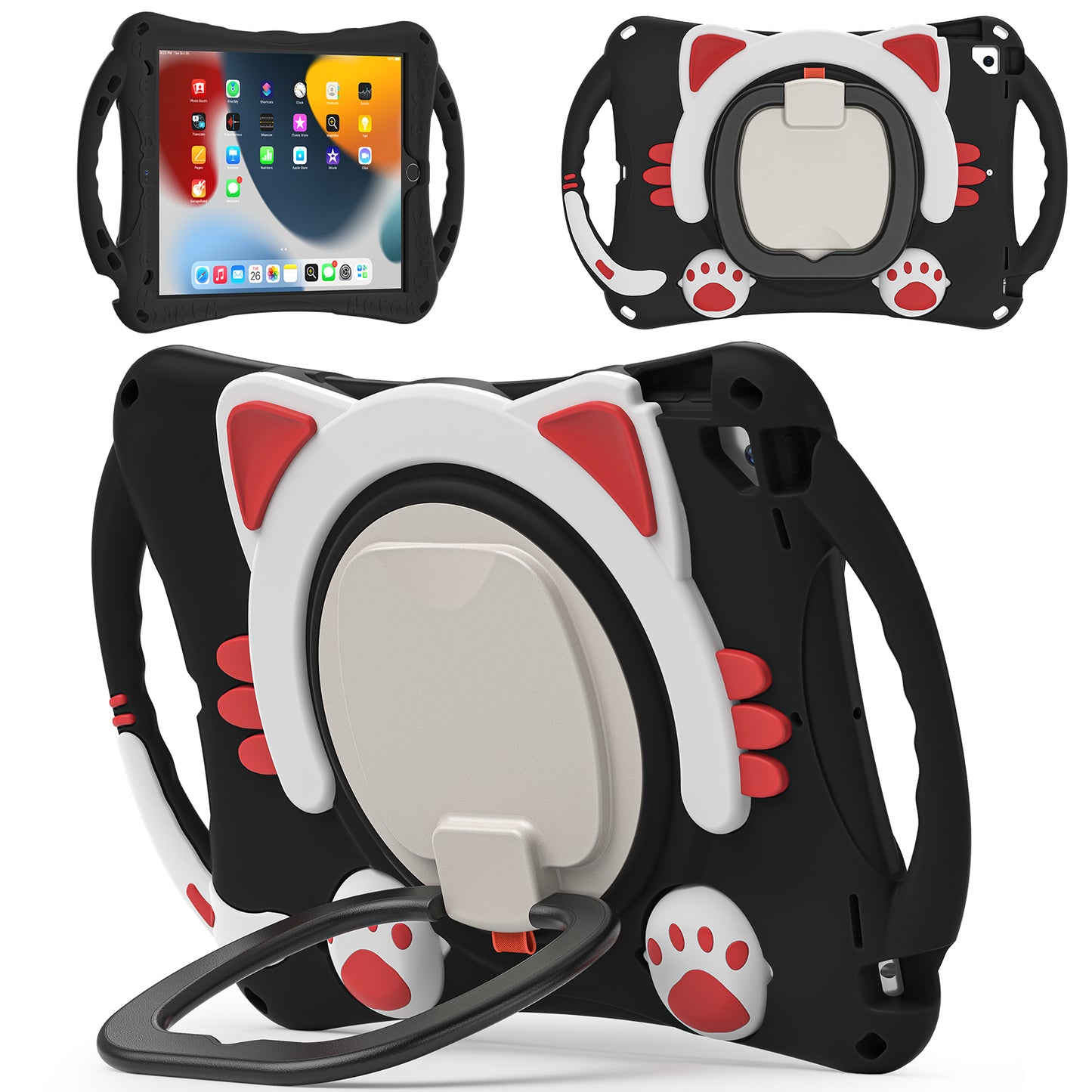 Stereoscopic Cat iPad 9 Silicone Case Kids Safe Rotating Folding Handle Grip