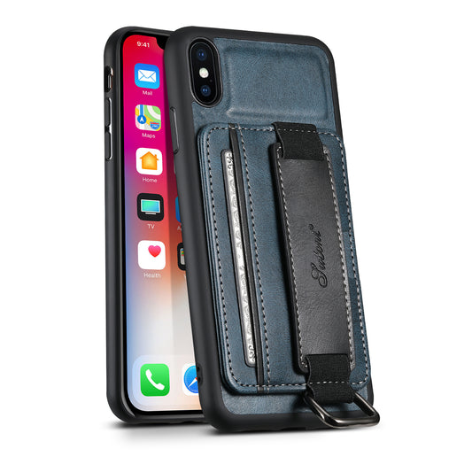 Horizontal Card Holder iPhone Xs Max Leather Cover RFID Anti-lost with Wristband