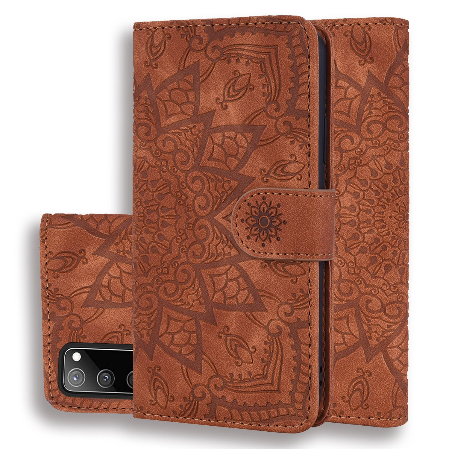 Double Hem Galaxy S20 FE Leather Case Embossing Sunflower Wallet Foldable Stand