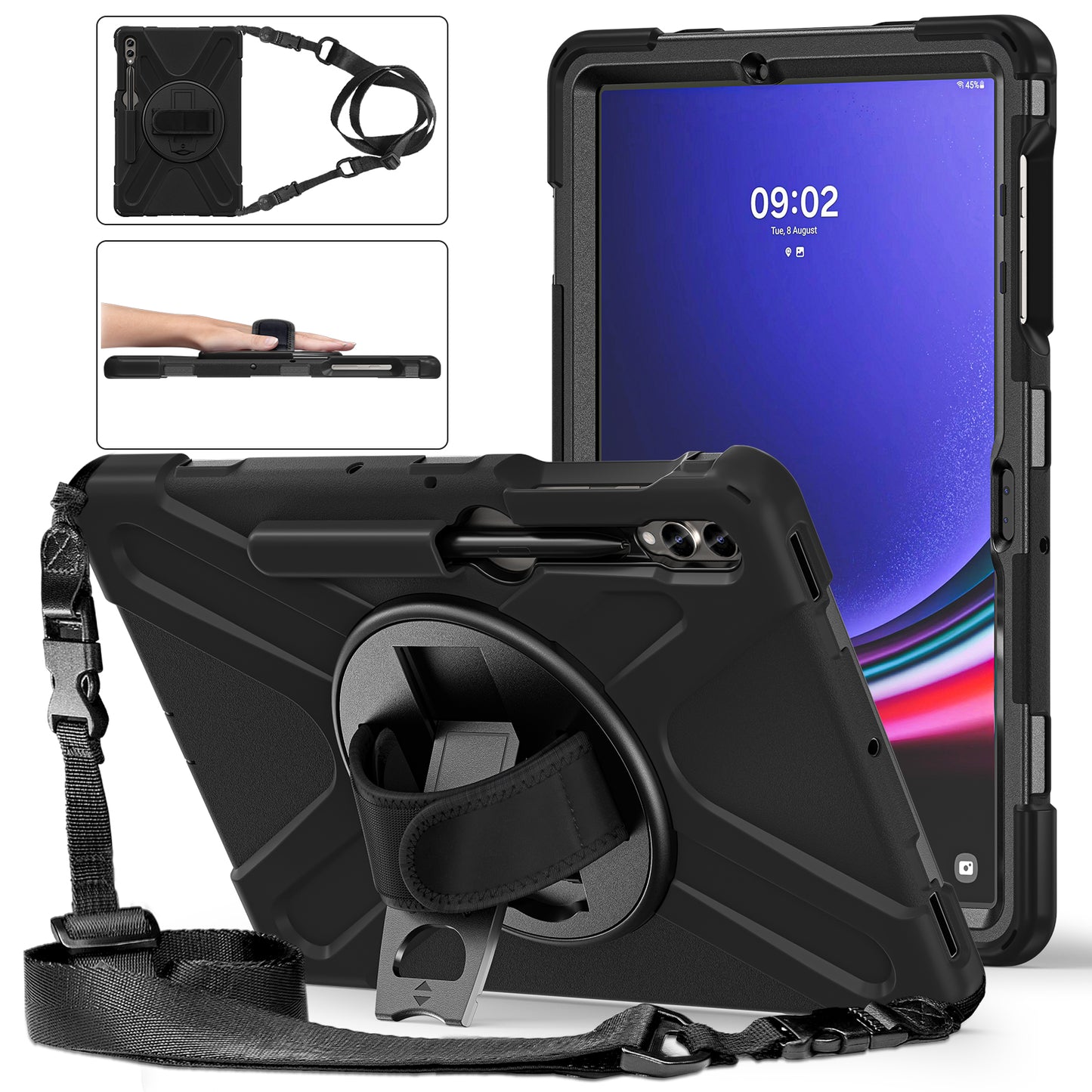 Pirate King Galaxy Tab S9+ Case 360 Rotating Stand with Hand Holder Shoulder Strap