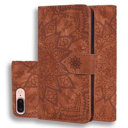 Double Hem iPhone 8 Plus Leather Case Embossing Sunflower Wallet Foldable Stand