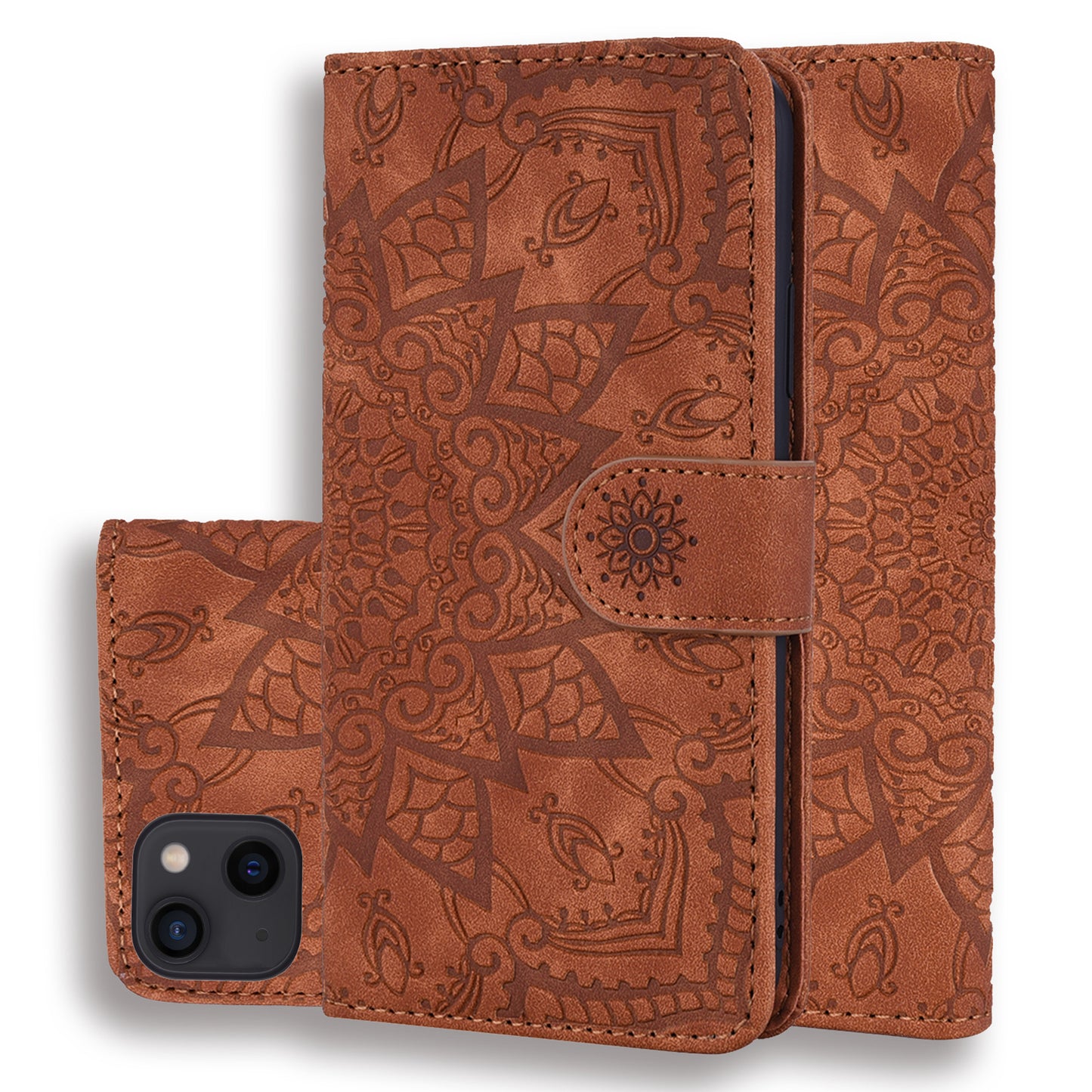 Double Hem iPhone 13 Leather Case Embossing Sunflower Wallet Foldable Stand