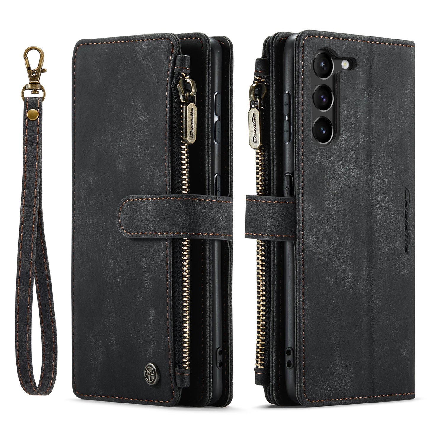 Multi-card Zipper Galaxy S23 Leather Case Double Fold Stand with Hand Strap