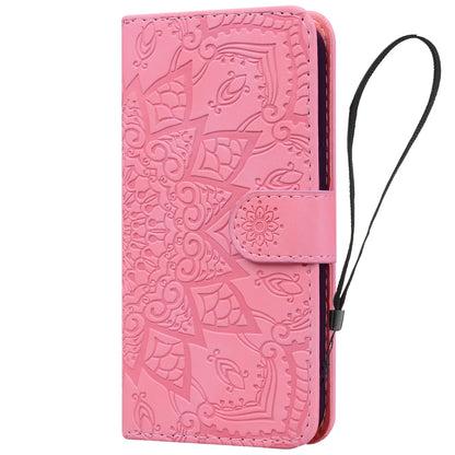 Double Hem iPhone 15 Pro Leather Case Embossing Sunflower Wallet Foldable Stand