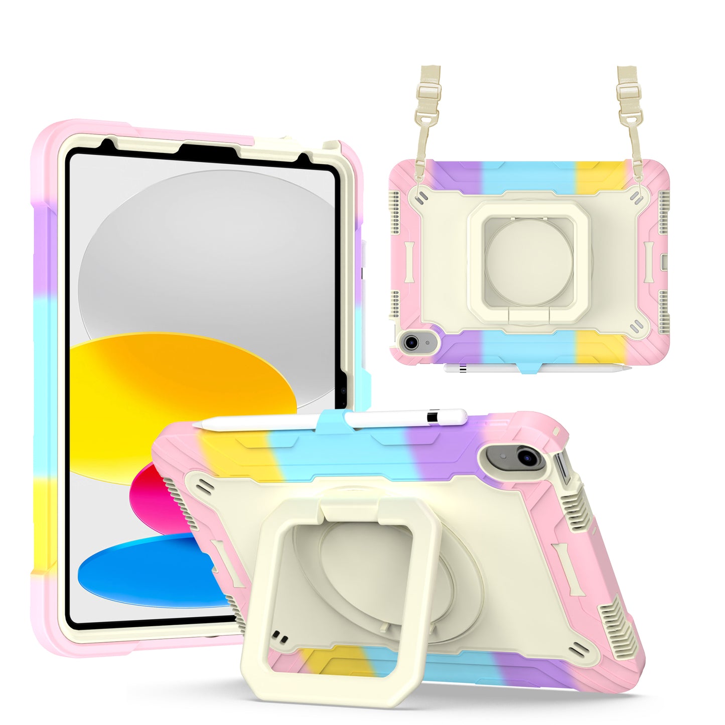 Hit-Color Hook iPad 10 Shockproof Case Rotating Stand Wristband Shoulder Strap