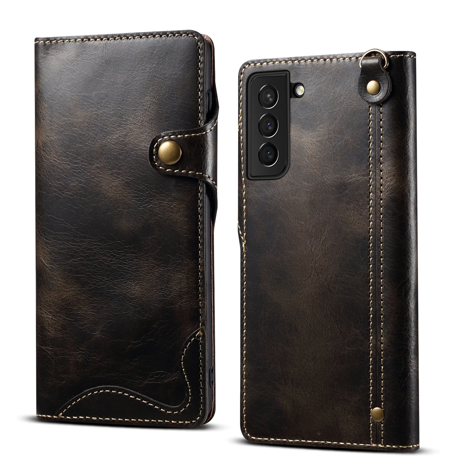 Waxed Cowhide Leather Galaxy S23 Fastener Case Wallet Stand with Hand Strap