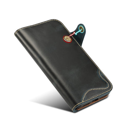 Waxed Cowhide Leather iPhone XR Fastener Case Wallet Stand with Hand Strap