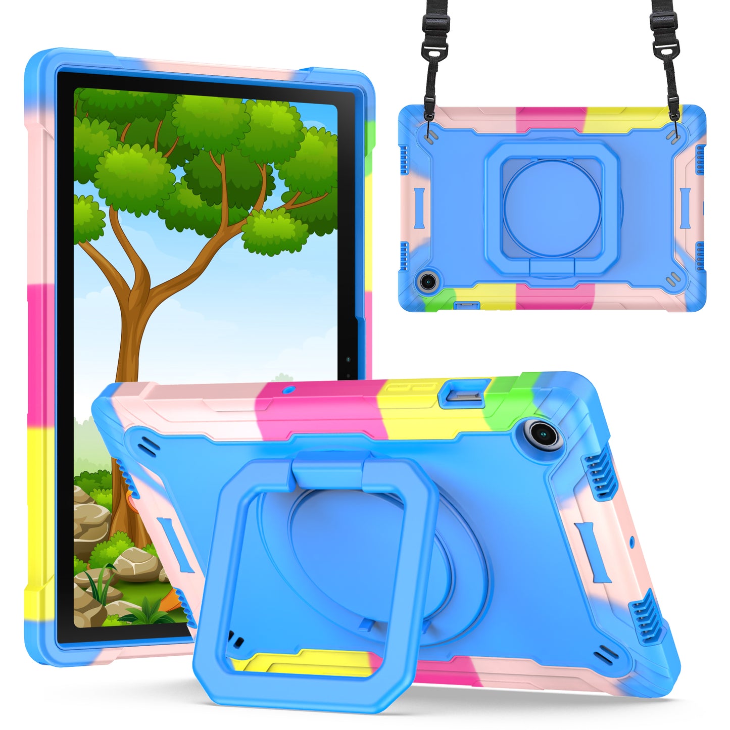 Hit-Color Hook Galaxy Tab A8 Shockproof Case Rotating Stand Wristband Strap