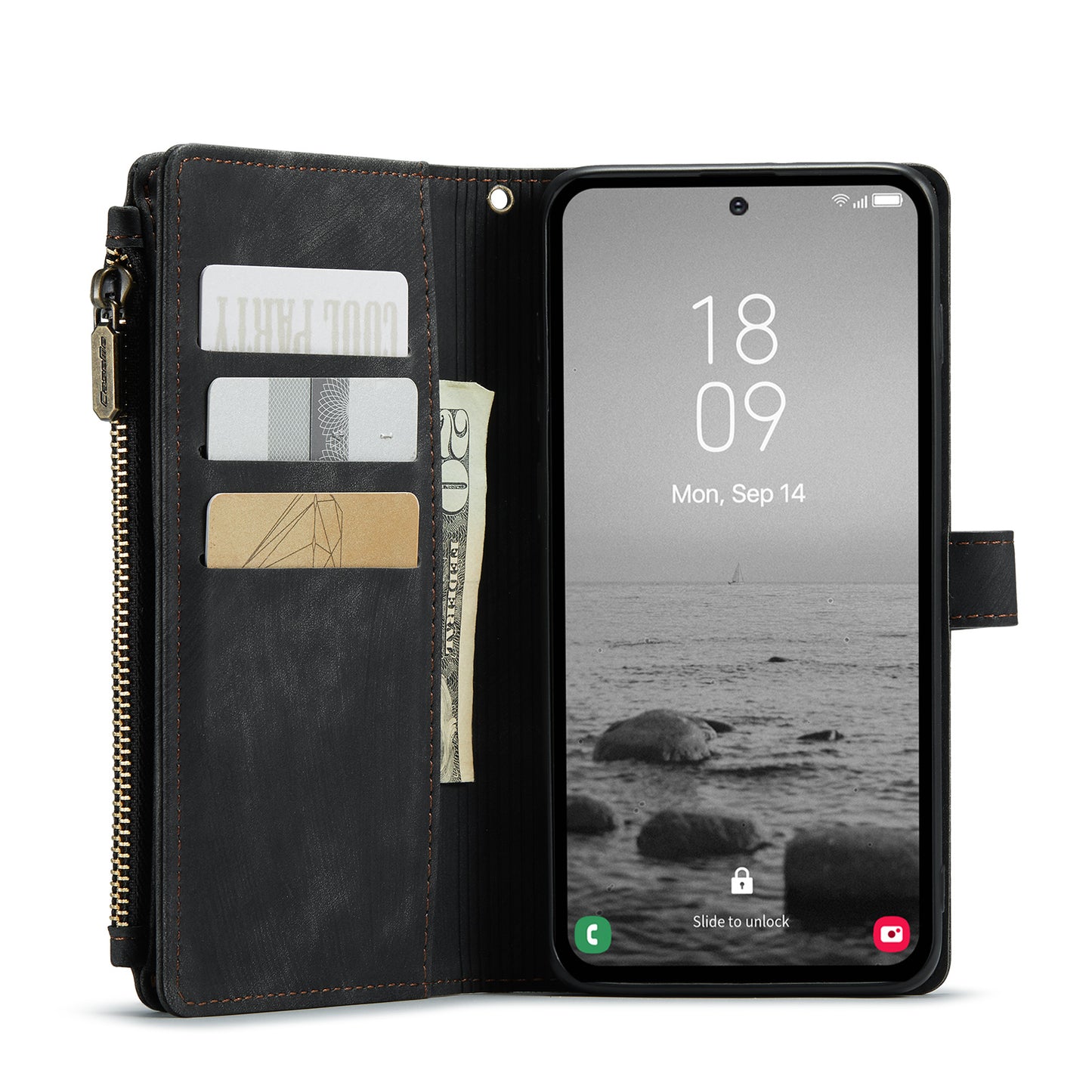 Multi-card Zipper Galaxy A54 Leather Case Double Fold Stand with Hand Strap