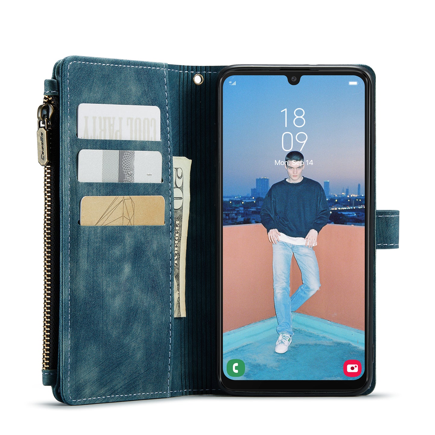 Multi-card Zipper Galaxy A34 Leather Case Double Fold Stand with Hand Strap