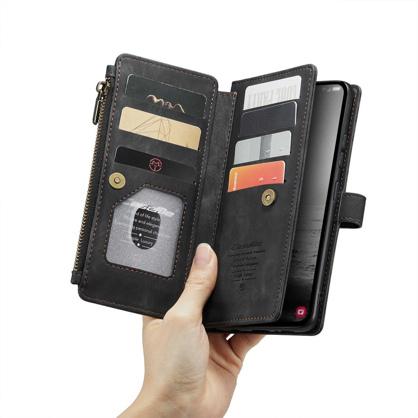 Multi-card Zipper Galaxy A54 Leather Case Double Fold Stand with Hand Strap