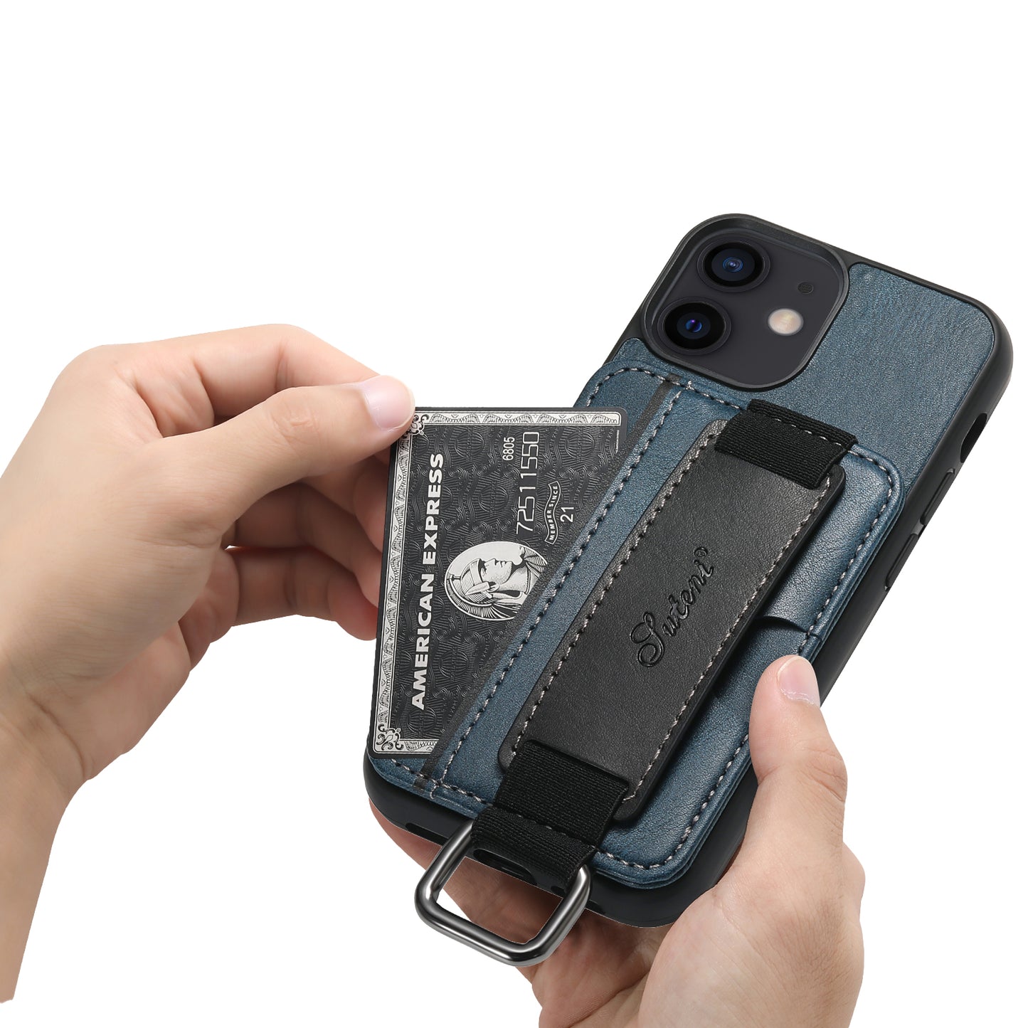 Horizontal Card Holder iPhone 12 Mini Leather Cover RFID Anti-lost with Wristband