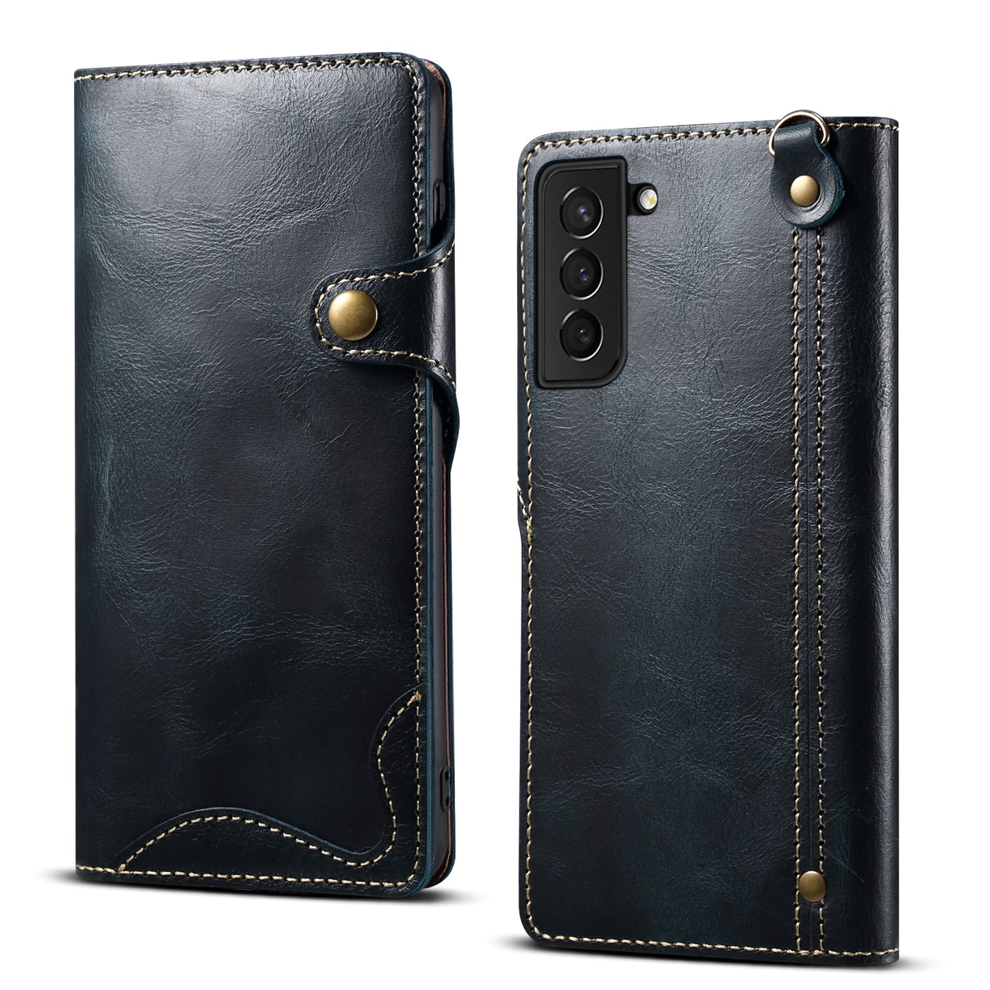 Waxed Cowhide Leather Galaxy S23 FE Fastener Case Wallet Stand with Hand Strap