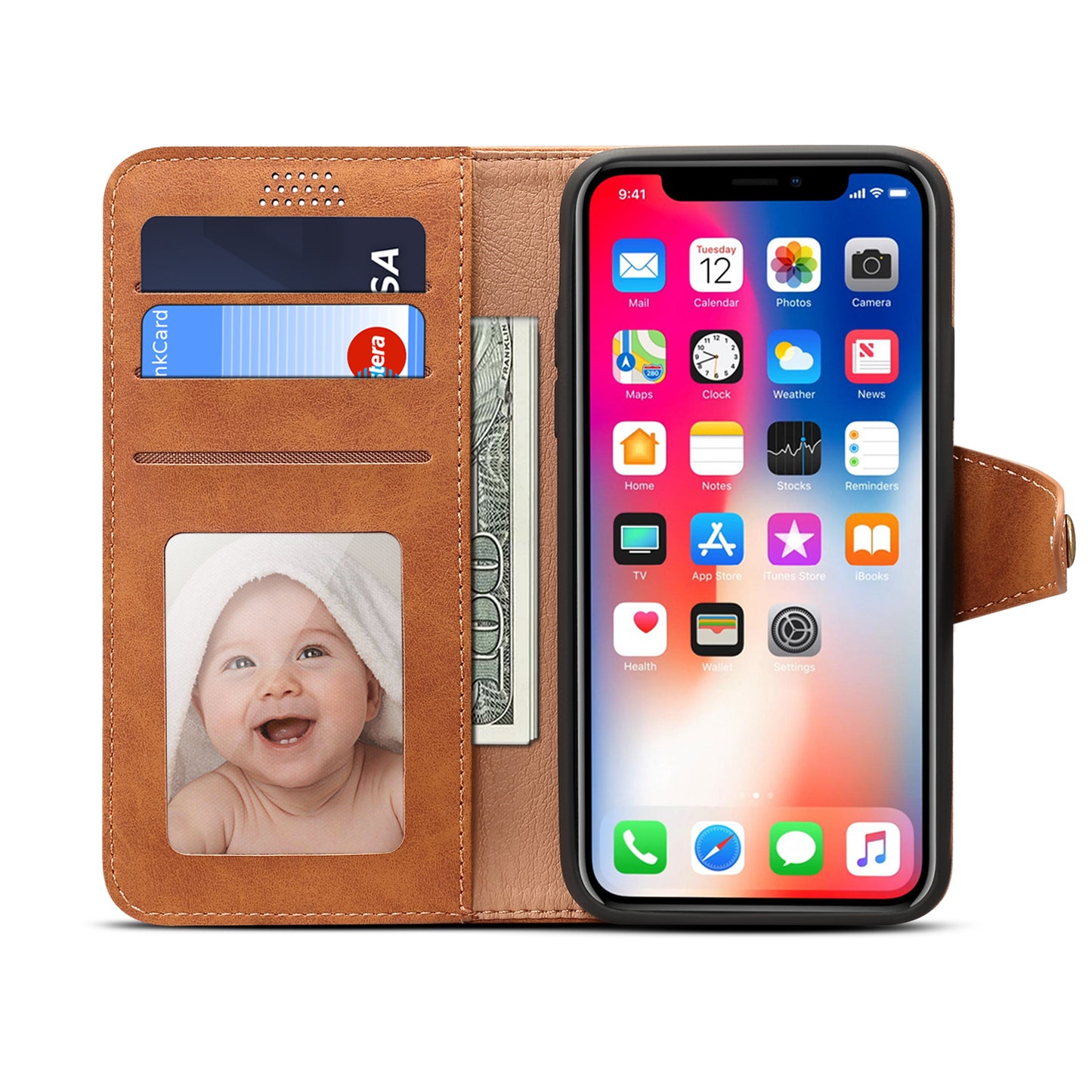 Photo Frame Wallet iPhone XR Leather Case Retro Kickstand with Button