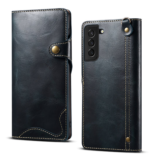 Waxed Cowhide Leather Galaxy S23+ Fastener Case Wallet Stand with Hand Strap