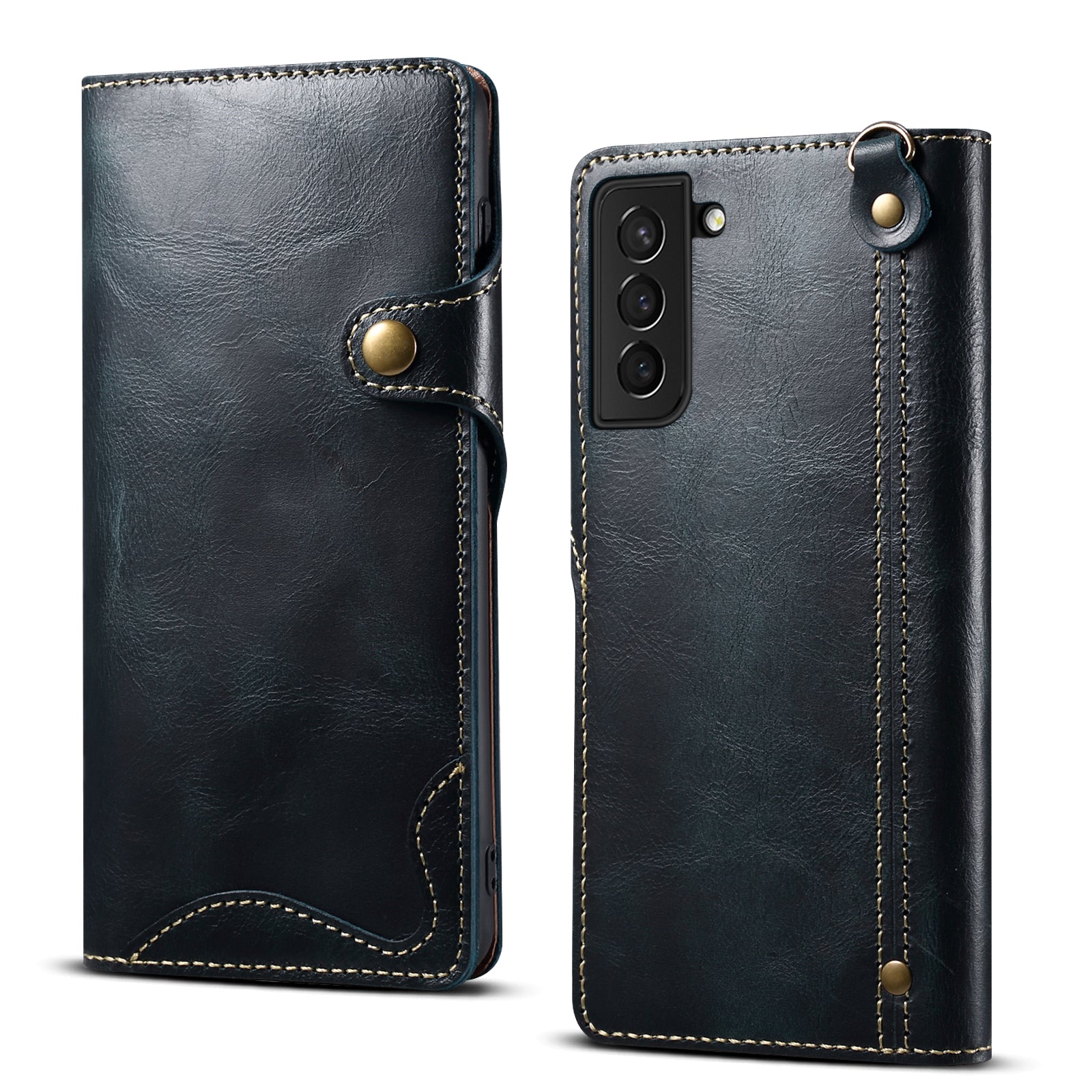 Waxed Cowhide Leather Galaxy S23 Fastener Case Wallet Stand with Hand Strap