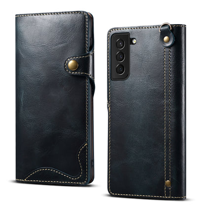 Waxed Cowhide Leather Galaxy S23 Fastener Case Wallet Stand with Hand Strap