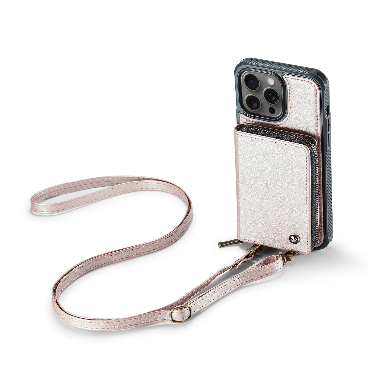 Double Lanyard Card Zipper iPhone 15 Pro Leather Cover RFID Anti-lost Strap