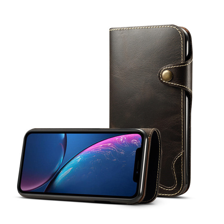 Waxed Cowhide Leather iPhone XR Fastener Case Wallet Stand with Hand Strap