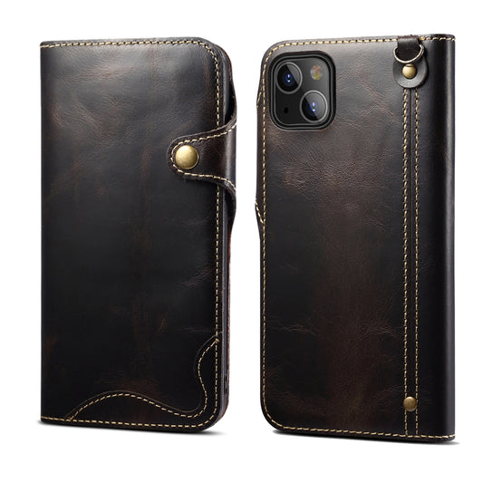 Waxed Cowhide Leather iPhone 13 Fastener Case Wallet Stand with Hand Strap