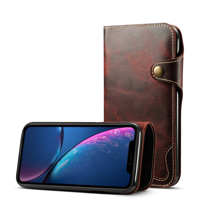 Waxed Cowhide Leather iPhone XR Fastener Case Wallet Stand with Hand Strap