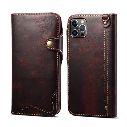 Waxed Cowhide Leather iPhone 13 Pro Max Fastener Case Wallet Stand with Hand Strap