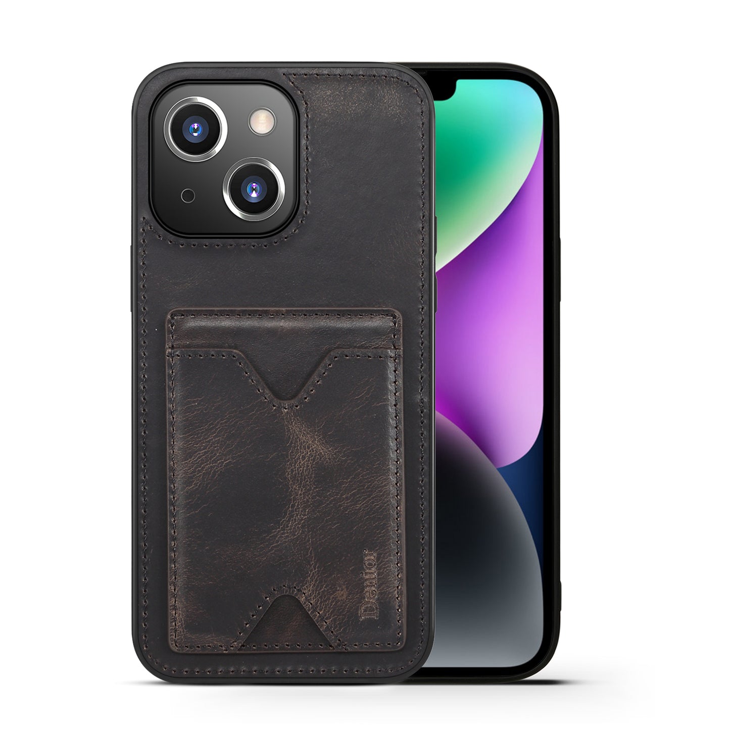 Waxed Cowhide Leather iPhone 14 Wallet Cover Verticle Magnetic Kickstand