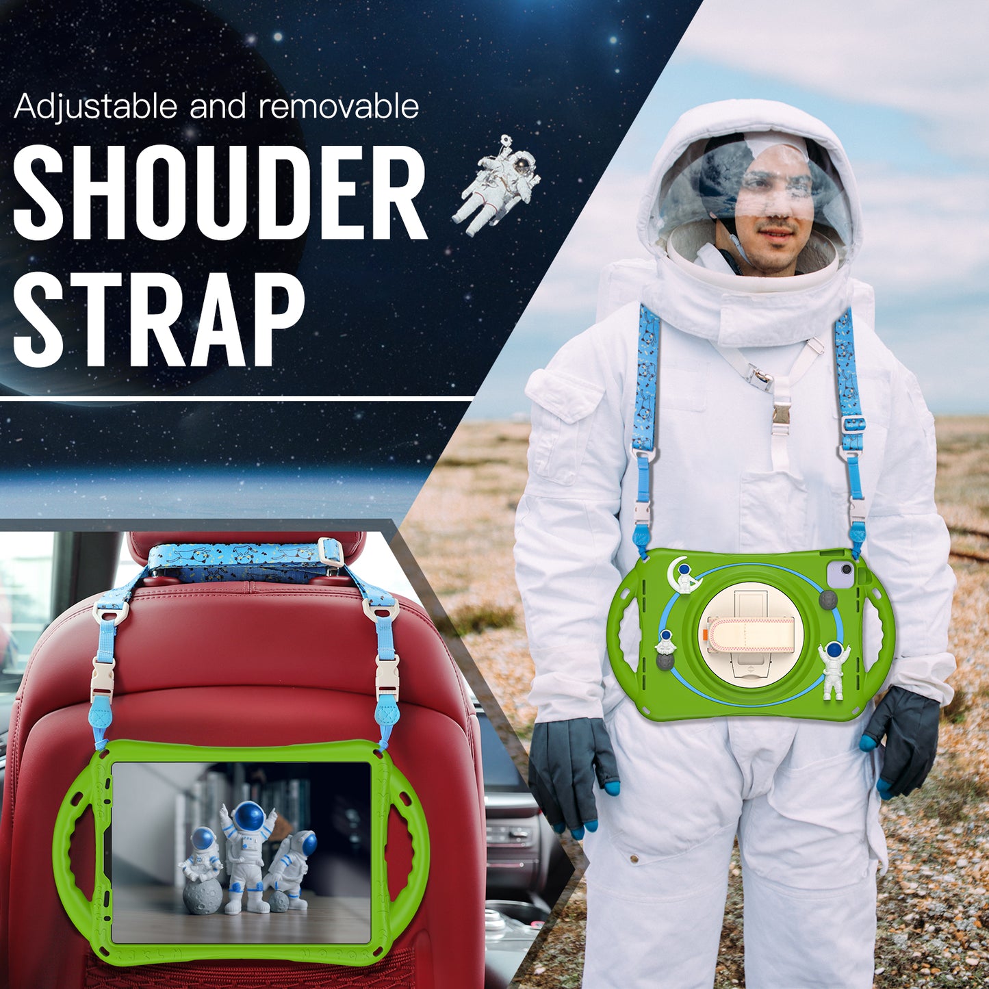 Spaceman iPad Pro 11 (2018) Case 360 Rotating Hand Strap Removable Shoulder Strap