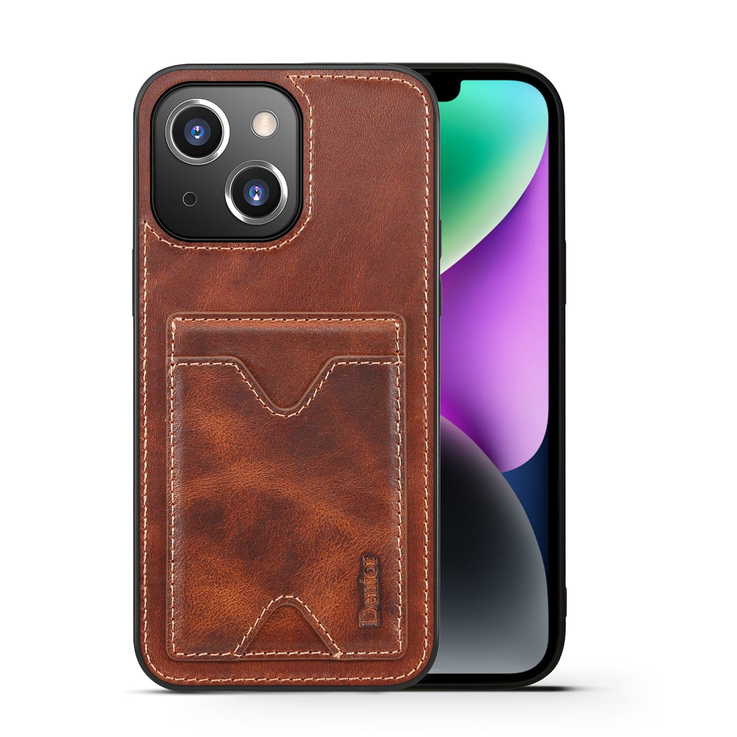 Waxed Cowhide Leather iPhone 14 Wallet Cover Verticle Magnetic Kickstand