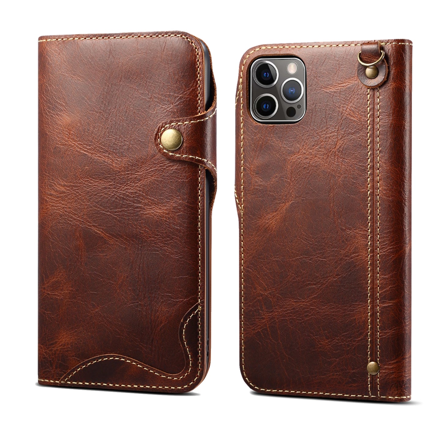 Waxed Cowhide Leather iPhone 13 Pro Max Fastener Case Wallet Stand with Hand Strap