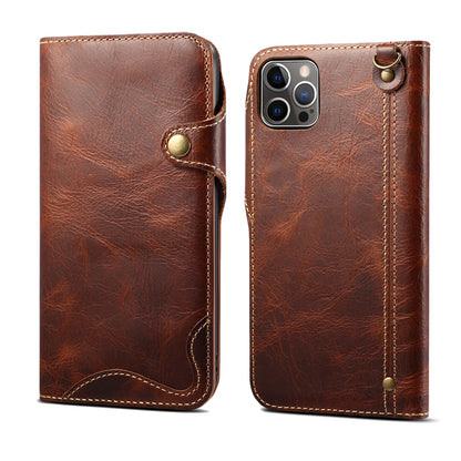 Waxed Cowhide Leather iPhone 13 Pro Max Fastener Case Wallet Stand with Hand Strap