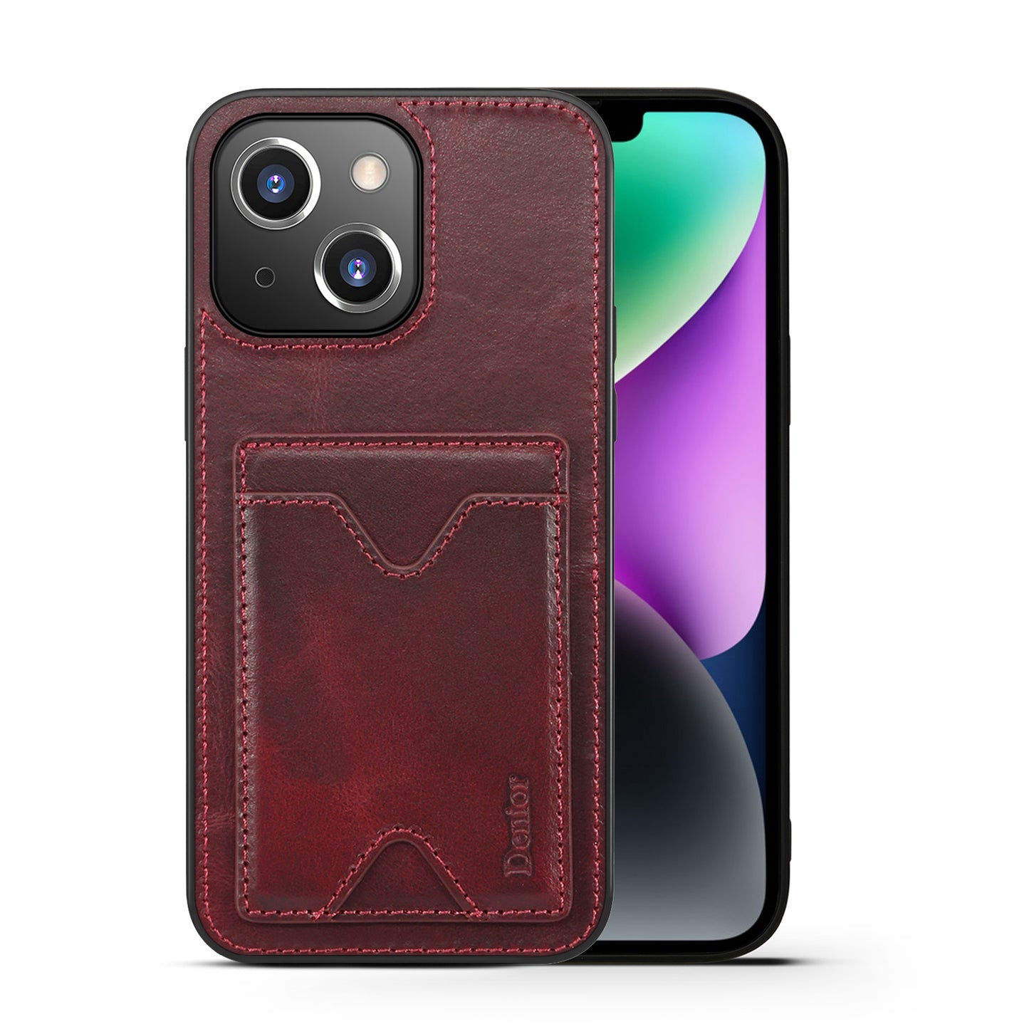 Waxed Cowhide Leather iPhone 14 Wallet Cover Verticle Magnetic Kickstand