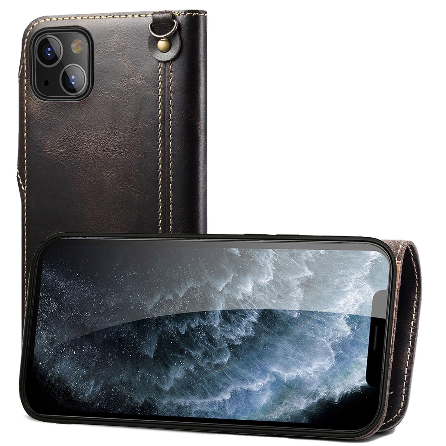 Waxed Cowhide Leather iPhone 13 Pro Fastener Case Wallet Stand with Hand Strap