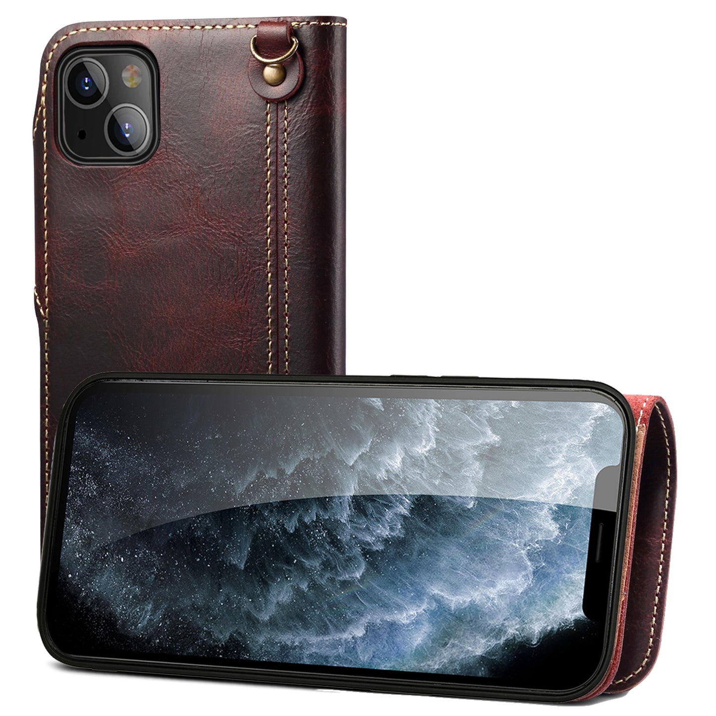 Waxed Cowhide Leather iPhone 13 Pro Fastener Case Wallet Stand with Hand Strap