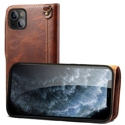 Waxed Cowhide Leather iPhone 13 Pro Fastener Case Wallet Stand with Hand Strap