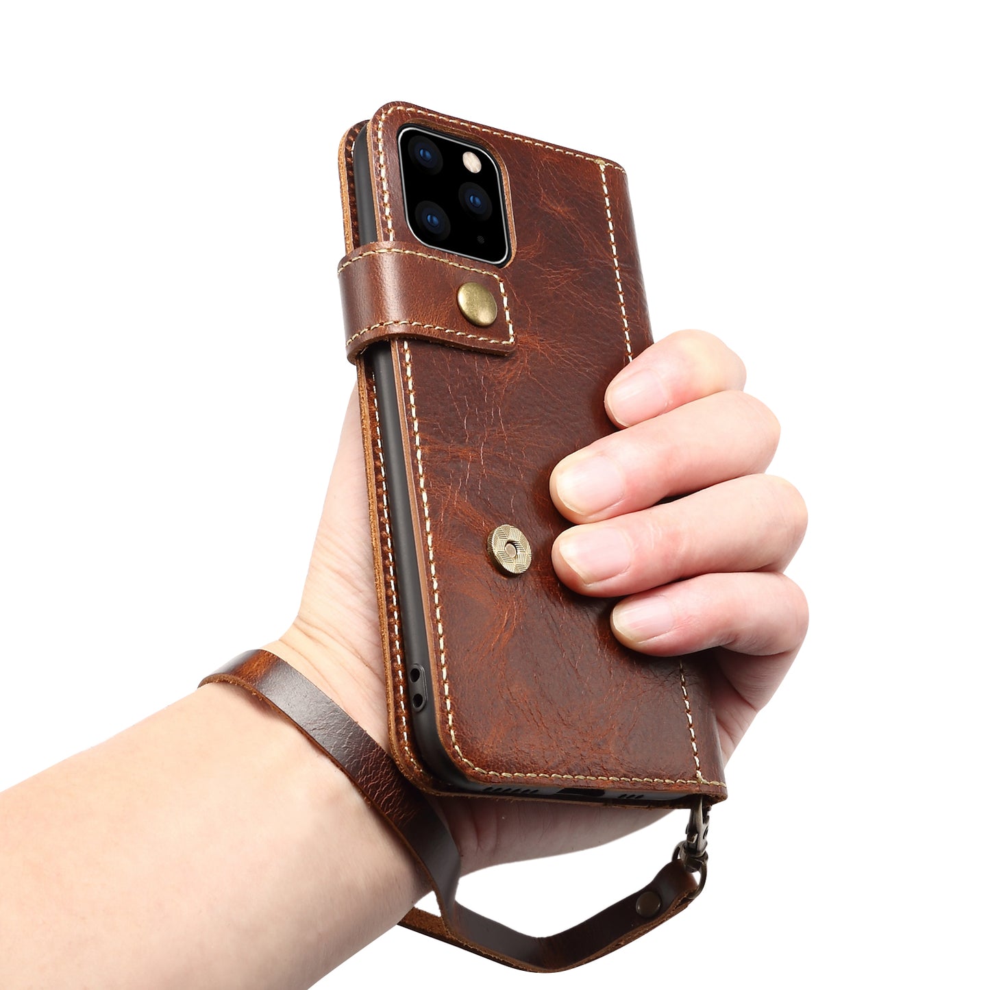 Waxed Cowhide Leather iPhone 11 Pro Magnetic Buckle Case Wallet Stand