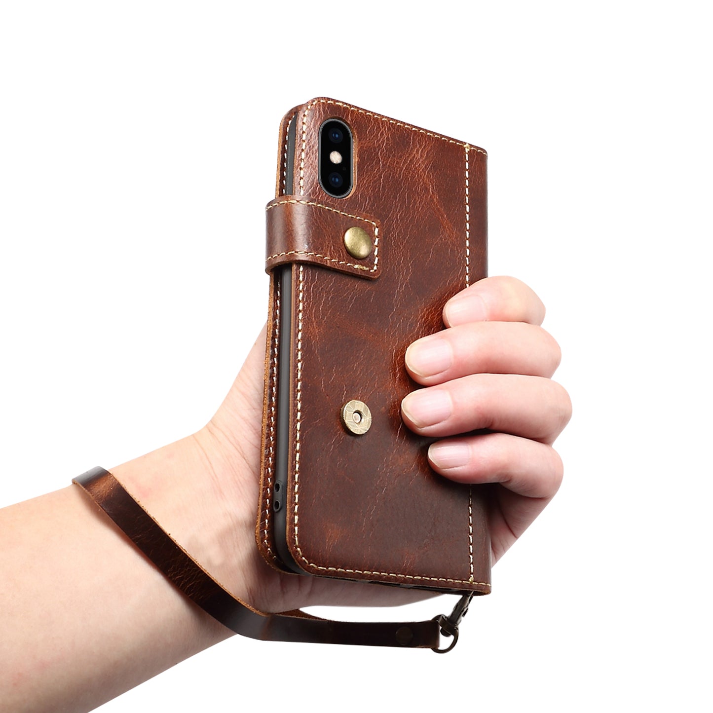 Waxed Cowhide Leather iPhone Xs Max Magnetic Buckle Case Wallet Stand