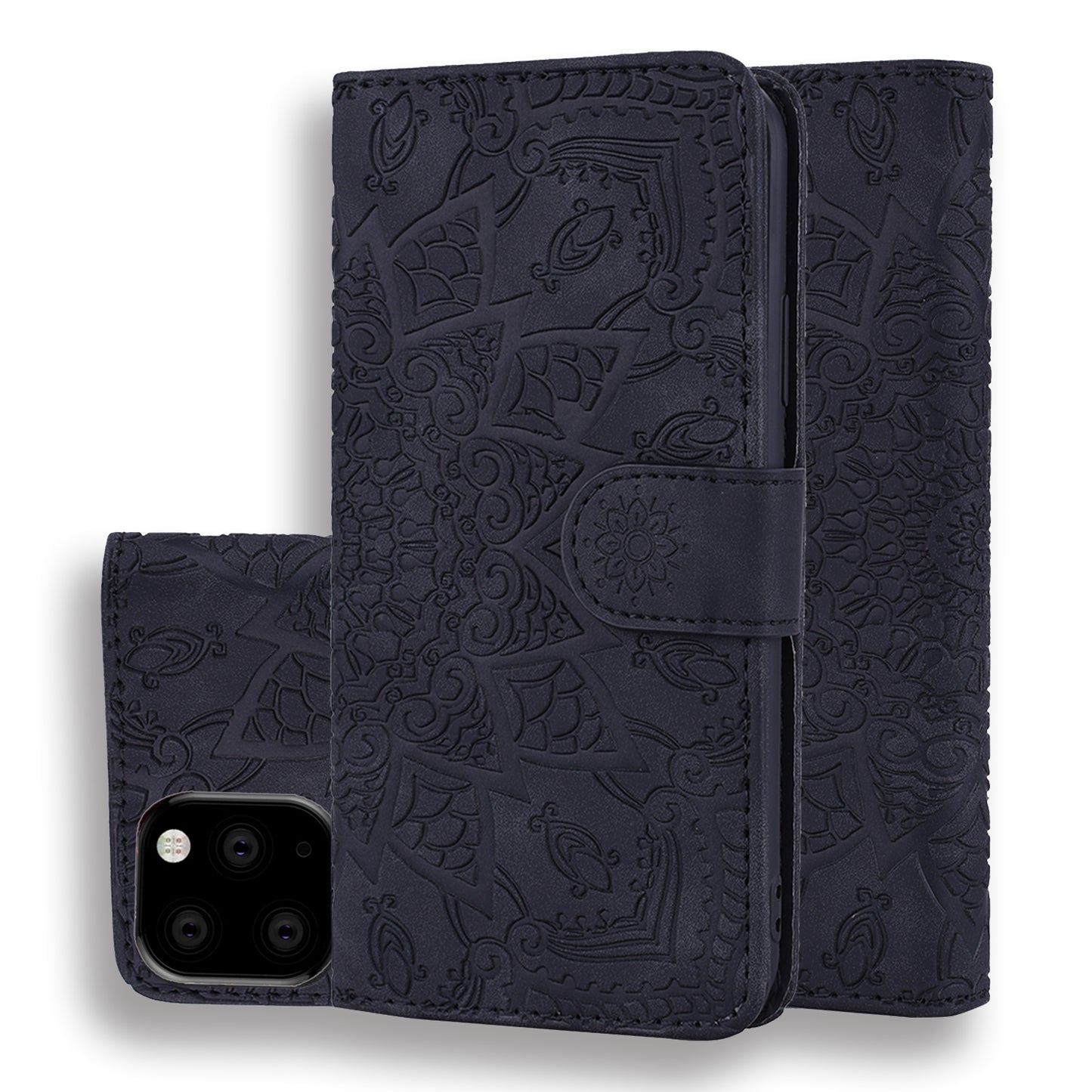 Double Hem iPhone 12 Leather Case Embossing Sunflower Wallet Foldable Stand