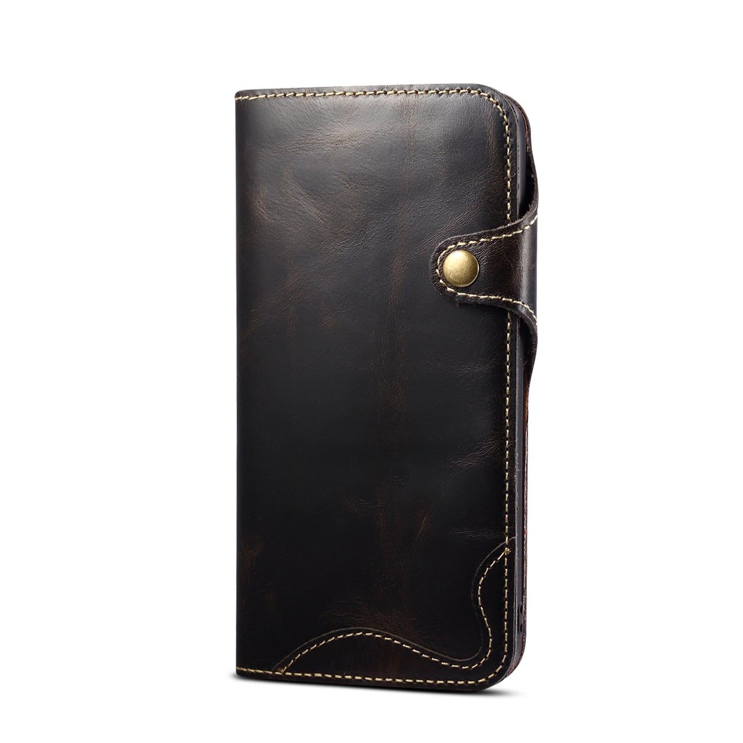 Waxed Cowhide Leather iPhone 13 Pro Max Fastener Case Wallet Stand with Hand Strap