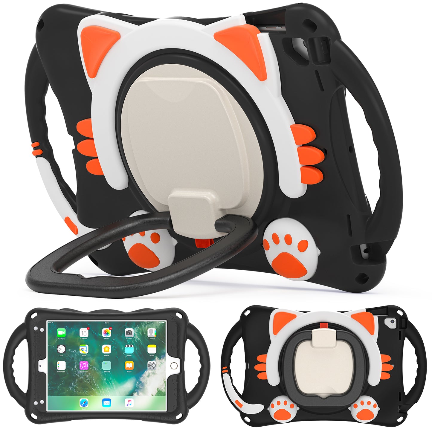 Stereoscopic Cat iPad Air 2 Silicone Case Kids Safe Rotating Folding Handle Grip