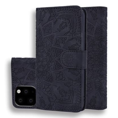 Double Hem iPhone 11 Leather Case Embossing Sunflower Wallet Foldable Stand