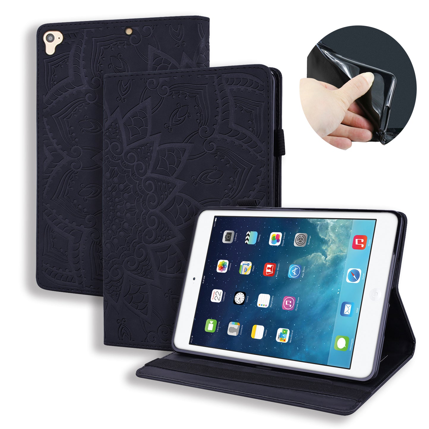 Double Hem iPad 5 Leather Case Embossing Sunflower Wallet Foldable Stand