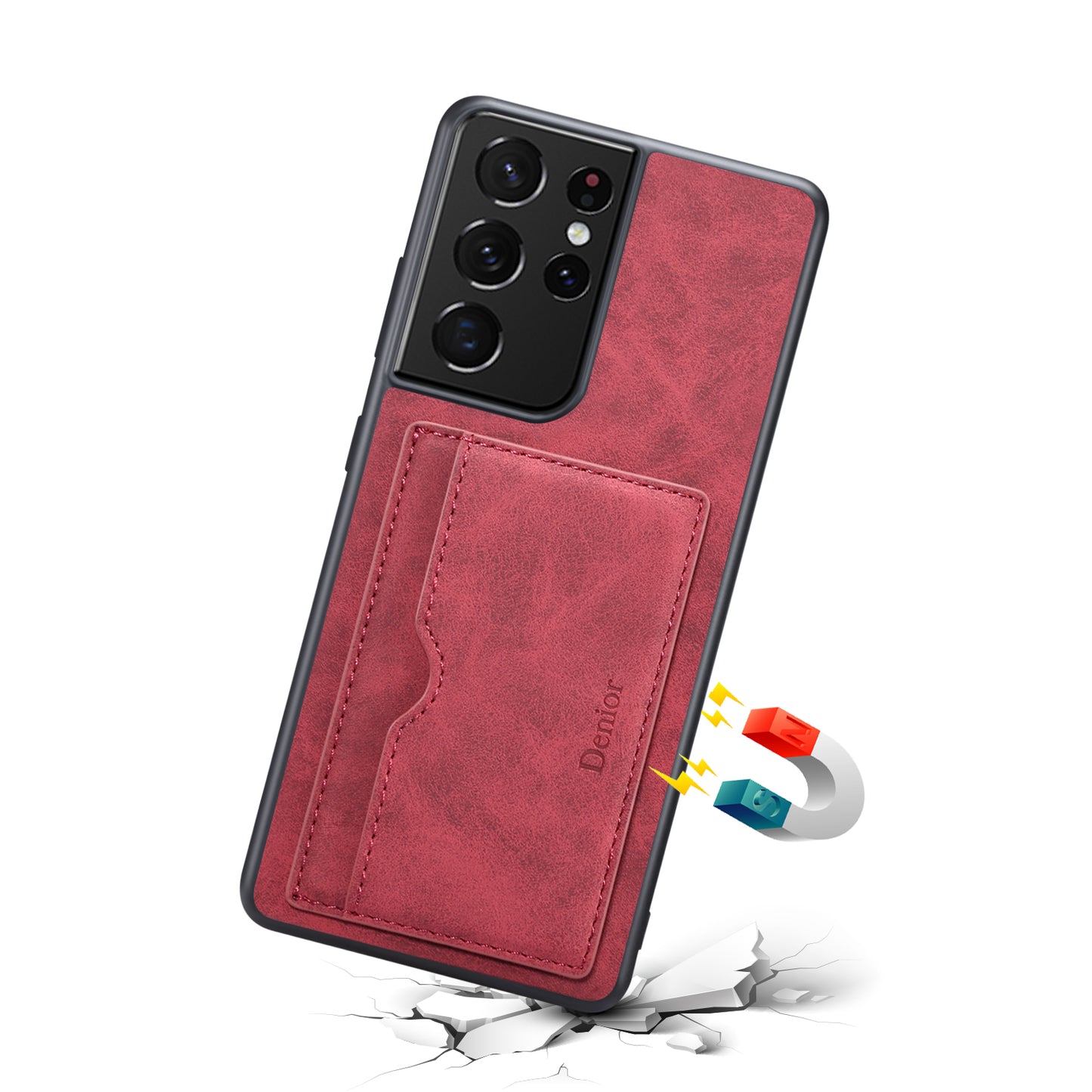 Horizontal Card Holder Galaxy S21 Ultra Back Cover Retro Leather Magnetic Stand