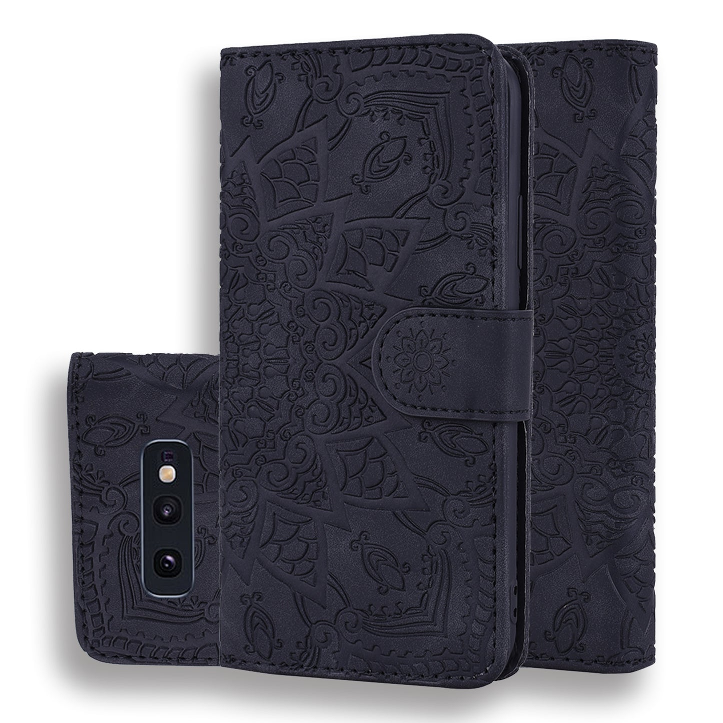 Double Hem Galaxy S10e Leather Case Embossing Sunflower Wallet Foldable Stand