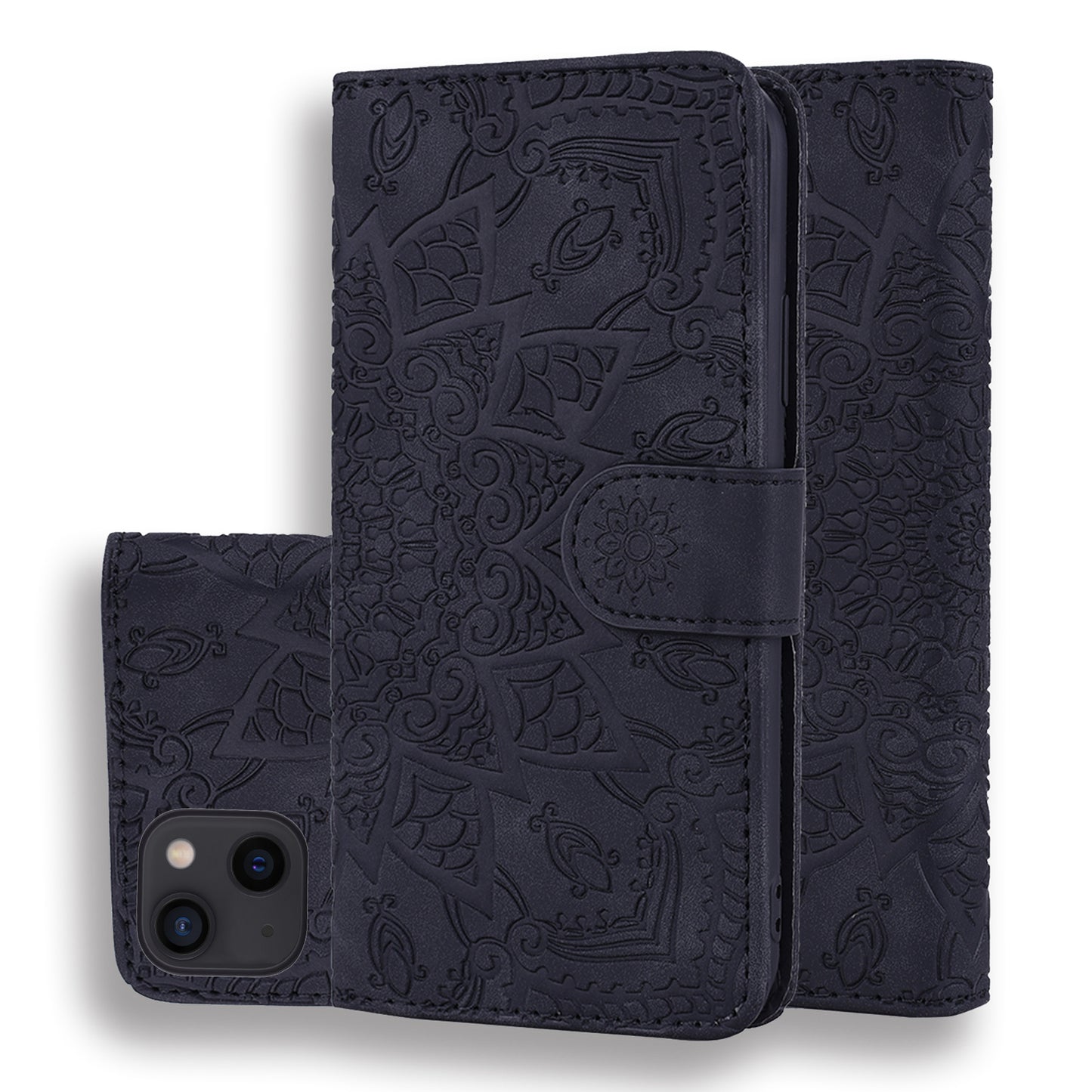 Double Hem iPhone 13 Leather Case Embossing Sunflower Wallet Foldable Stand